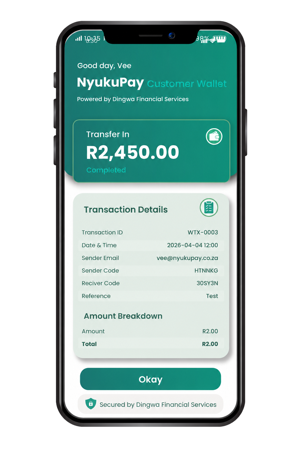 NyukuPay transaction details screen showing a completed wallet transfer